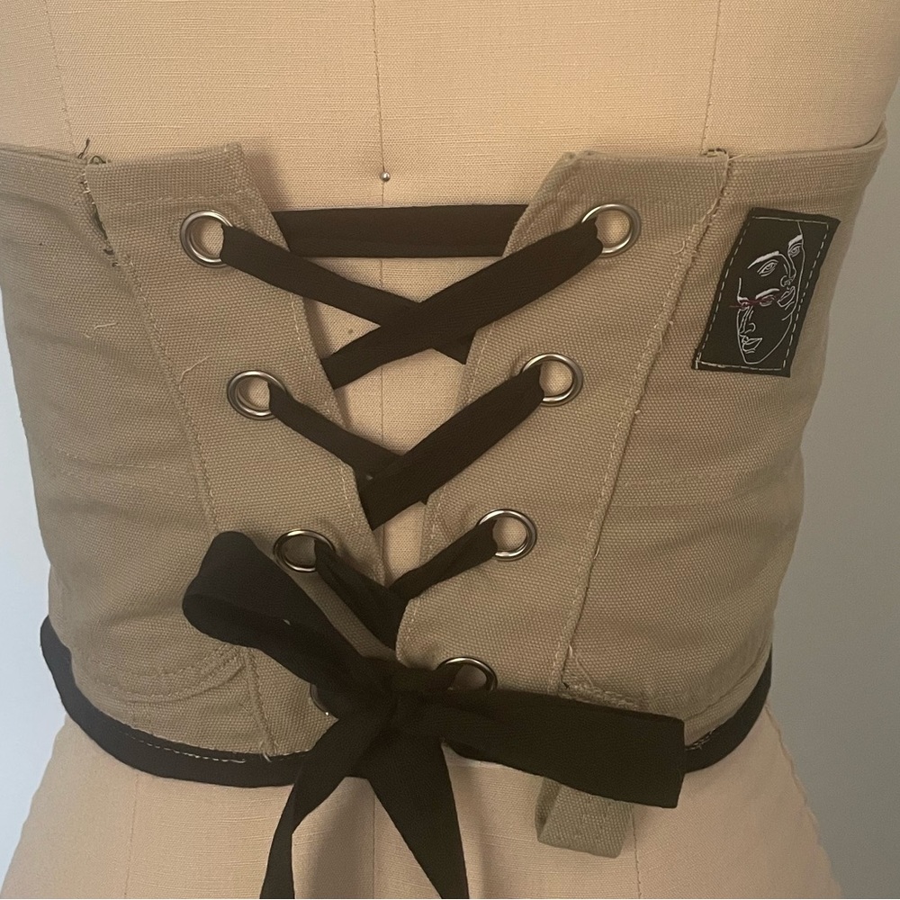 Tan and Black Denim Strapless Corset Top - Picture 6 of 6